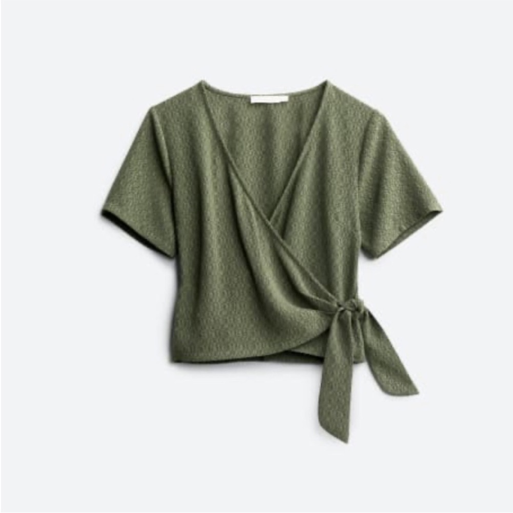 Lush Olive Green Wrap Crop Top Tie Waist Textured Short Sleeve Blouse Medium